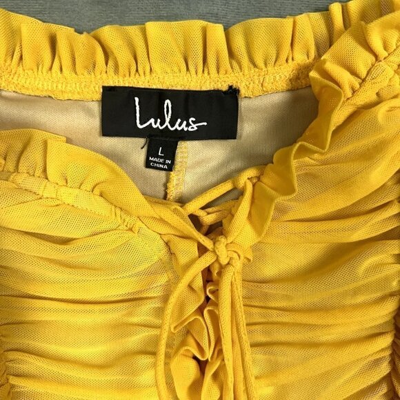 LULUS Dress Womens Size L Mustard Yellow Ruched Off-the-Shoulder Bodycon - Picture 5 of 12